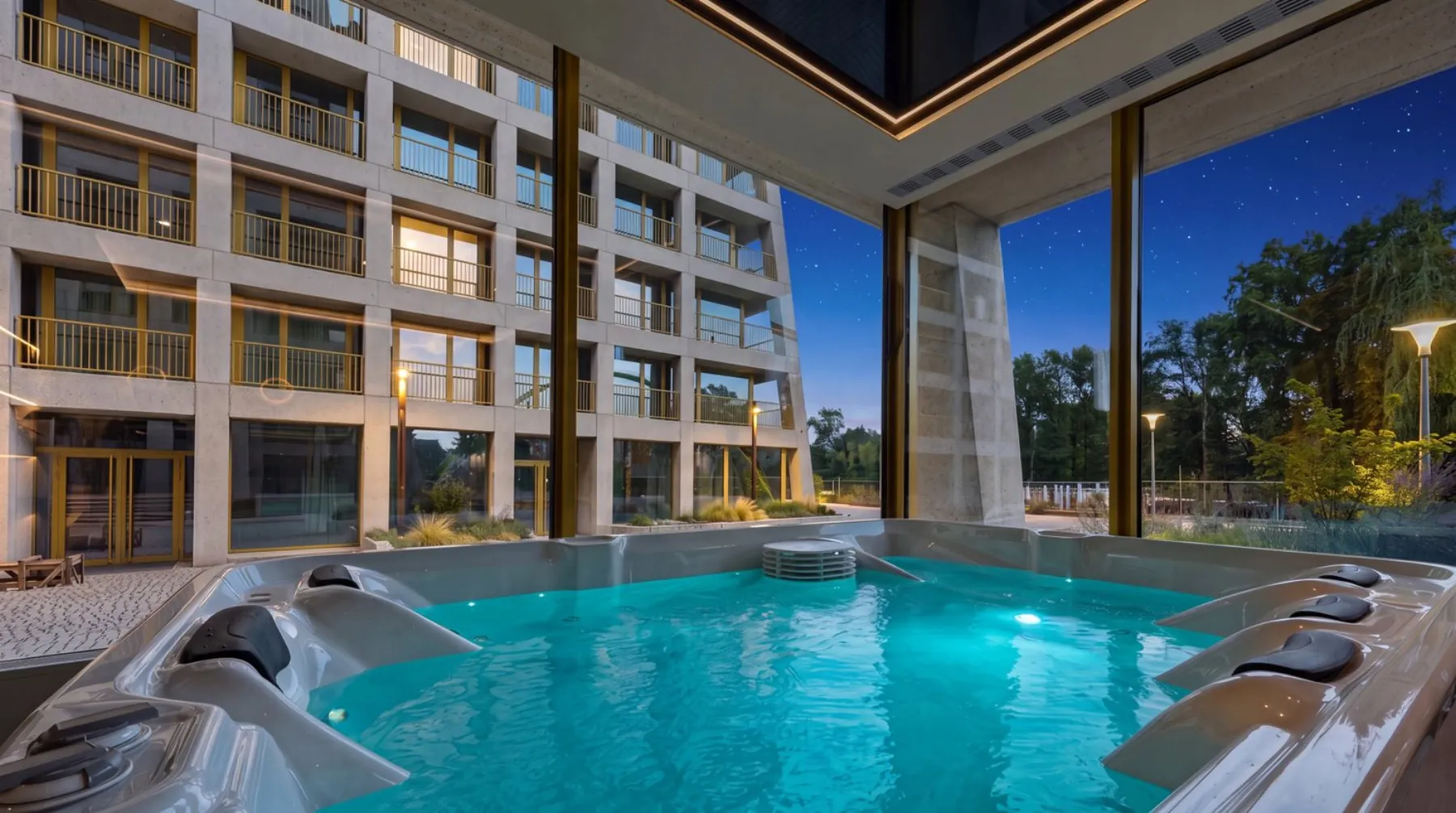 Jacuzzi ze strefy Wellness w PONTI z widokiem na Odrę, Wrocław wieczorem