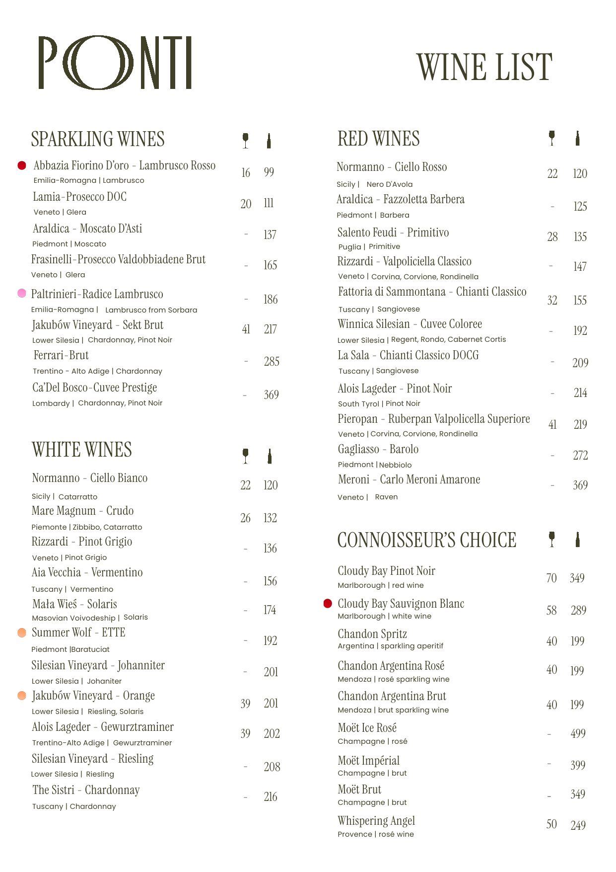 PONTI - wine list, page 2: sparkling, white, red wines and connoisseur's choice